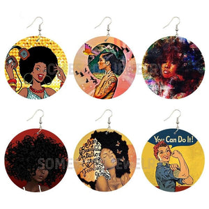 Afro  Natural Hair Girl Wooden Drop Earrings  Strong Black Woman