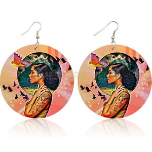 Afro  Natural Hair Girl Wooden Drop Earrings  Strong Black Woman