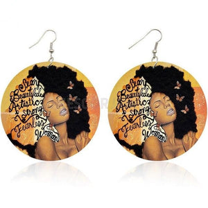 Afro  Natural Hair Girl Wooden Drop Earrings  Strong Black Woman