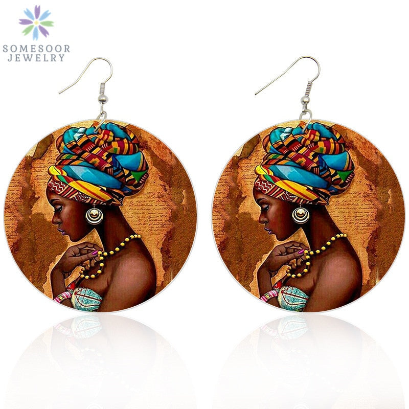 Vintage African  Woman Wood Drop Earrings