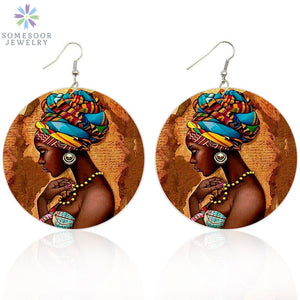 Vintage African  Woman Wood Drop Earrings