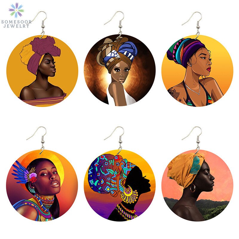 African Woman Printed Portrait Earrings