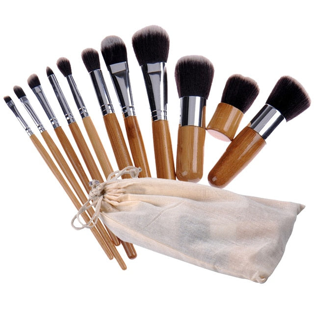 11PCS Bamboo Makeup Brushes Set With Cloth Bag