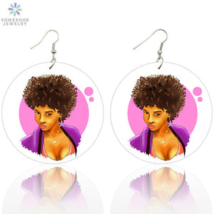 Afro Natural Hair Painted Wood Drop Earrings