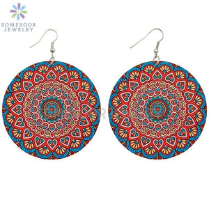 Round African Prints Wooden Drop Earrings