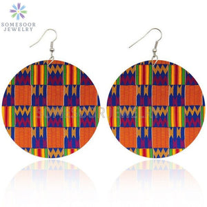 Round African Prints Wooden Drop Earrings