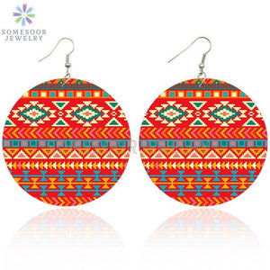 Round African Prints Wooden Drop Earrings