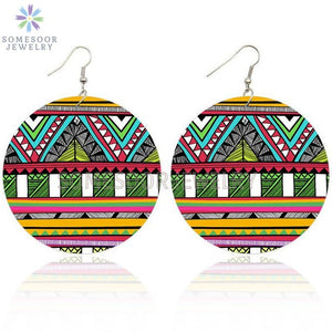 Round African Prints Wooden Drop Earrings