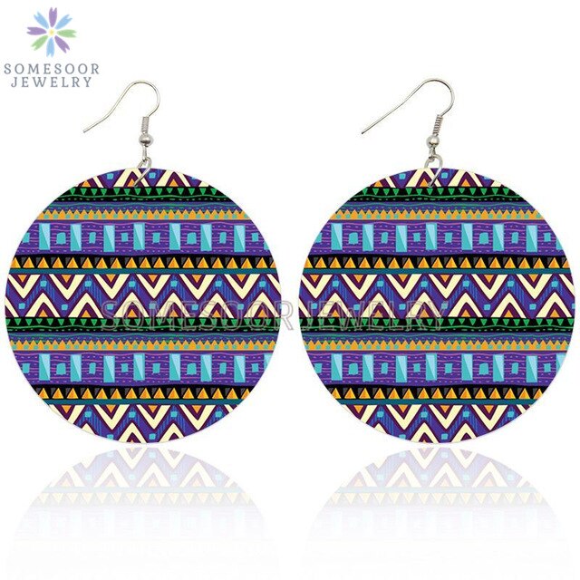 Round African Prints Wooden Drop Earrings