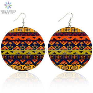 Round African Prints Wooden Drop Earrings