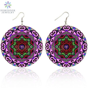 Round African Prints Wooden Drop Earrings